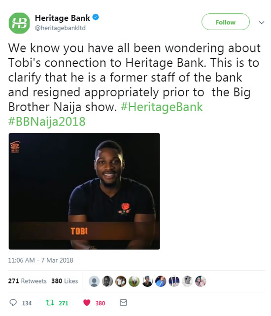 Heritage Bank's Statement On Their Association With Big Brother Naija 2018 Housemate Tobi Bakre