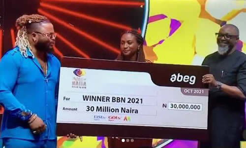 Whitemoney receives his Big Brother Naija 2021 (Season 6) 'Shine Ya Eye' Winner's Prizes